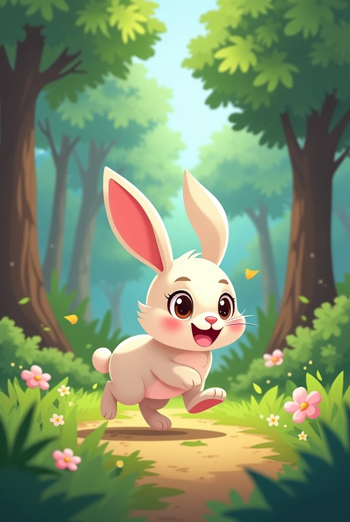 Little rabbit running in the forest cartoon flat style non-anthropomorphic