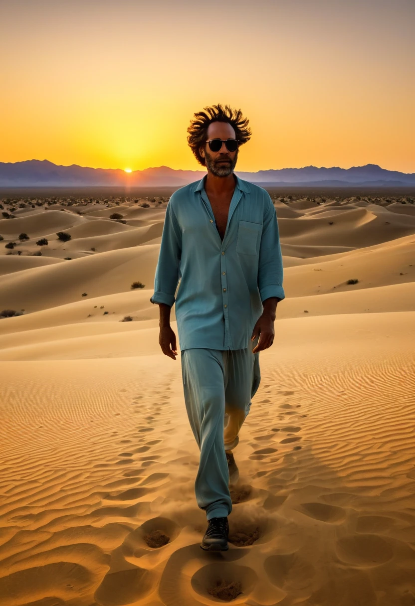 /I A cinematographic style photo of a man under the influence of mescaline walking in the wirikuta desert wearing casual clothes at dawn