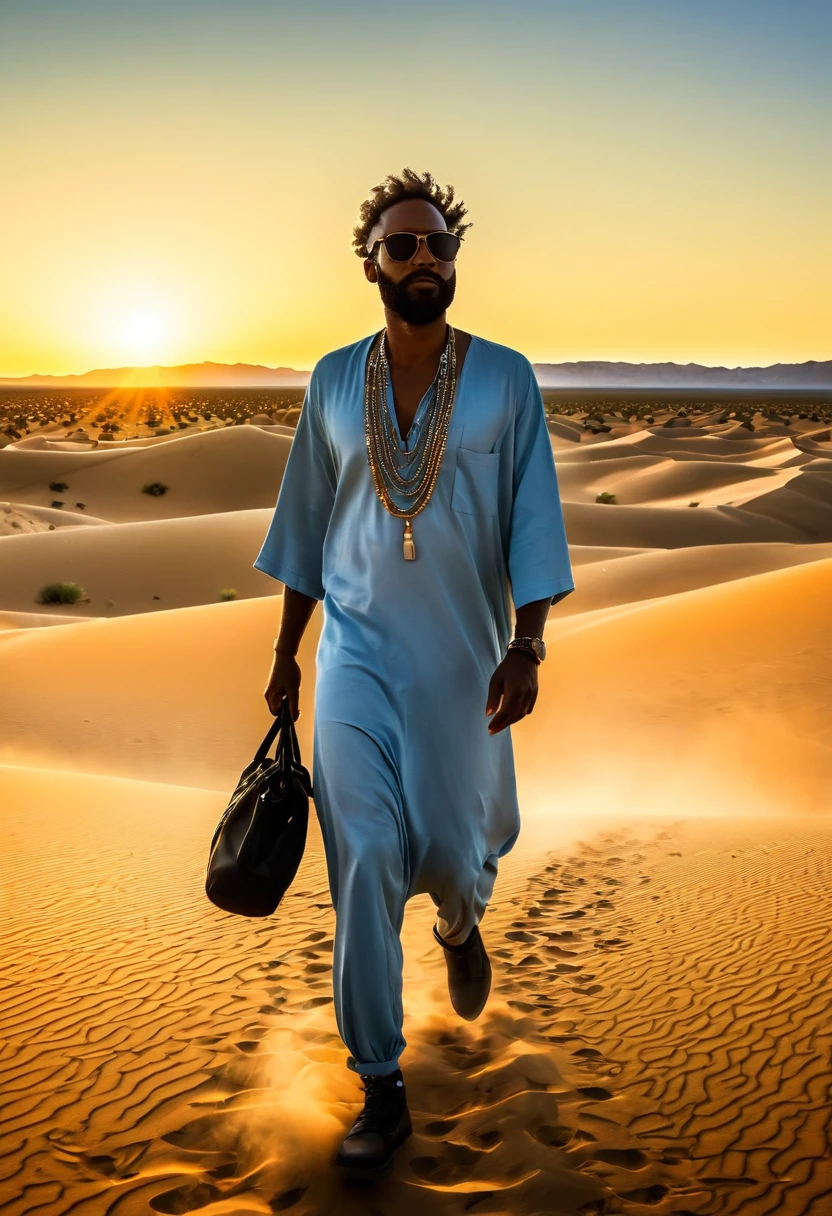 /I A cinematographic style photo of a man under the influence of mescaline walking in the wirikuta desert wearing casual clothes at dawn