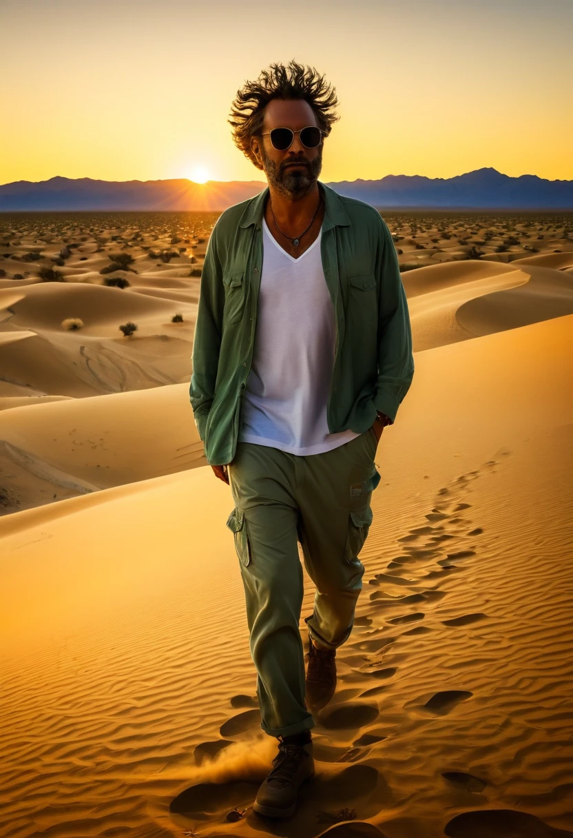 /I A cinematographic style photo of a man under the influence of mescaline walking in the wirikuta desert wearing casual clothes at dawn