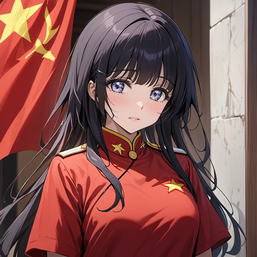 ((Highest quality)), ((masterpiece)), (detailed), （Perfect Face）、The woman is Aoki Reika, has medium-long hair, and is a follower of the Chinese Communist Party.、The woman abandoned her Japanese identity, swore loyalty to China, dedicated her body and soul to the Chinese Communist Party, and vowed to live as a Chinese person. She became the wife of a Communist Party official and became a Chinese person.、The woman has become a full-fledged member of the Chinese Communist Party and is dressed in Communist Party clothing.