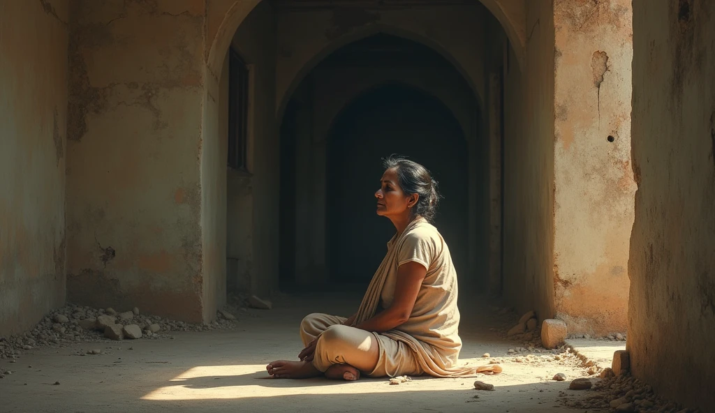 An Indian woman sitting alone on the floor talking indoors in old house