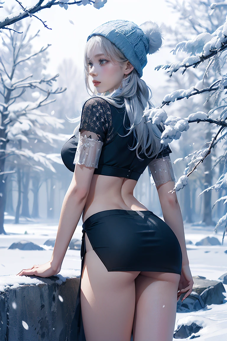 Silver Hair, (Rear View, Rear View),(Highest quality,High resolution,Very detailed,Actual),Target,A world covered in silver, Snow covered branches, toque Chill de invierno, Snowflakes dance like elves, Turning the world into a silver fairy tale, Chill, Quiet and beautiful snow scenery., Cozy and quiet, (Ocean Art 2.1), (Background Frozen white trees Snow falling:1.4) , (Beautiful Blue Eyes、Big stone black eye:1.4) , (Realistic) ,8K high quality, detailed art, Fan Art Best Art Station, Fantasy art style, ((A short, sheer black miniskirt:1.4)) ,(String), Stockings Bra, Leggings White,Sexy Body