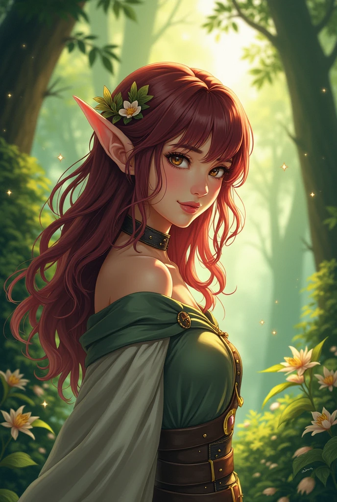 Elf  adventurer, female, neutral skintone, in a forest , burgundy long layered hair, curtain bangs, brown eyes. Anime portrait. 