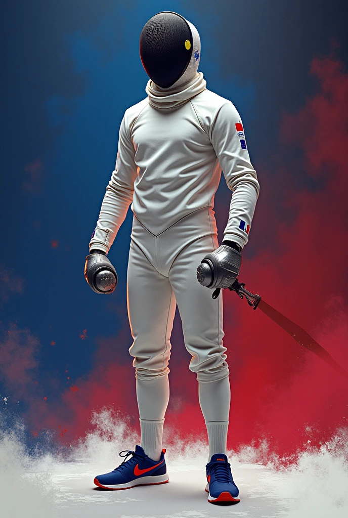 Character inspired by a fencer with a white fencing sword decorated with blue and grayish mixed with white a black fencing helmet mixed with dark pale red a white fencer&#39;s clothing mixed with dark beige with bright light black blue sneakers decorated with red and white lines framed on his fencing clothing which is the color of France red blue and white is a dangerous fighter side 