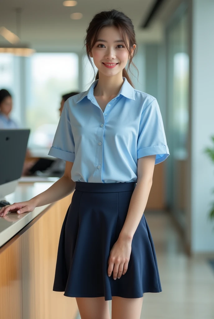 ((masterpiece, top quality, 8k, RAW photo, realistic, ultra highly detailed)), 1 girl, (japanese face:1.4), big smile:1.4, 20 years old, perfect cute face:1.5, well groomed face, perfect body:1.3, dark brown hair, lower ponytail:1.4, natural makeup, double eyelid, (full body shot, polite standing:1.4, beautiful legs:1.4, receptionist:1.3), ((light blue button blouse, short sleeve, dark blue tight skirt, black heels)), (in reception center:1.5)