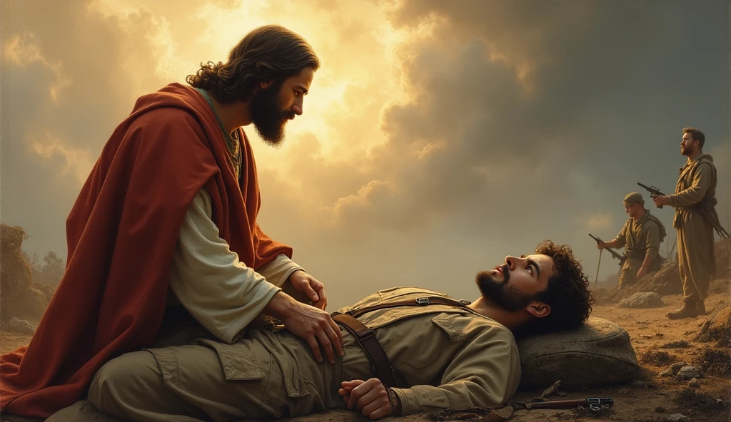 Jesus encouraging and lifting up a fallen soldier