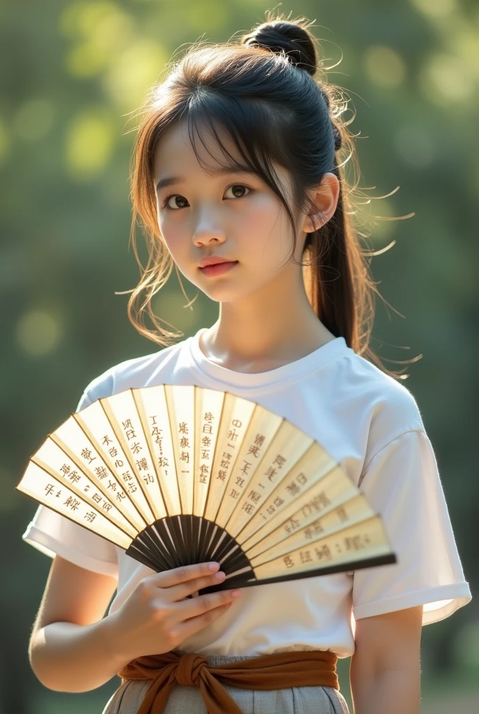 girl,Real photography,Natural light,((best quality、8k、masterpiece:1.3))、Ultra-high resolution、(photorealistic:1.4),Wearing a white T-shirt,brown belt,Holding an open folding fan,There are Chinese characters on the fan