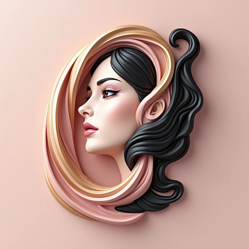 A captivating 3D logo for a makeup artist, where the initials 'rgdo' are intricately intertwined to form the negative space, revealing a young woman's face in subtle, elegant detail. The face features delicate eyes, lips, and flowing hair, all rendered in a soft pink, gold, and black color scheme. The 3D effect adds depth and realism, while the glossy and metallic finishes create a luxurious, high-end aesthetic. The logo symbolizes elegance, beauty, and artistry, encapsulating the essence of premium makeup design.