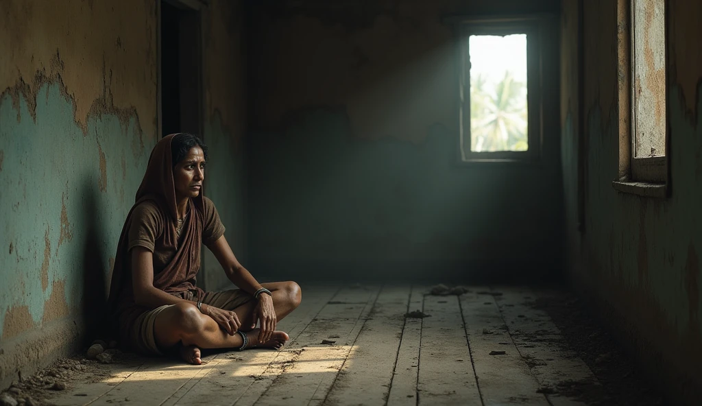 An Indian poor woman sitting alone on the floor talking indoors in old house