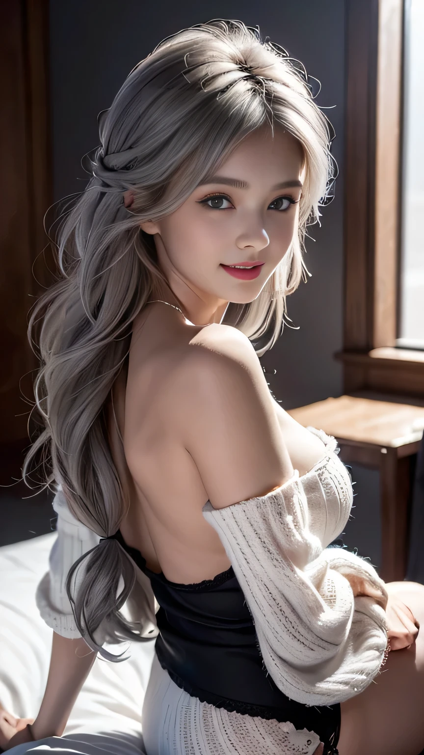 ((masterpiece:1.4)、(Highest quality:1.4)、(Realistic:1.7))、1、(upper arm:1.4、Two legs:1.4)、(Perfect ???????:1.4)、(Perfect female body:1.4)、Portrait of、Close-up photo、Full Body Shot、((Tabletop:1.4), (Highest qualityの:1.4), (Realistic:1.7), (Woman sitting cross-legged)、work, beautiful girl, One very beautiful child:1. 4), Glowing, natural skin texture,  (Perfect female body: 1.4), (Perfect female body: 1.) 4), Portrait of, Close-up photo, （Full body photo）, Fantasy art, Soft Front Light, Beautiful expression, Cute Face, Beautiful breasts, Beautiful ass, Beautiful Eyes, Clear and eye-catching, Beautiful and attractive, Beautiful Eyes, Narrow waist, RAW Photos, Red lips, ((Gray Hair, Long Hair)) , 1 Screen Display, ),((Off-the-shoulder white hand-knitted mini dress))、 (Sexy posture), (Milky Way in the sky),(Black panties)、(Black Stockings）、(Laughter)、((slim、Perfect Style)),
