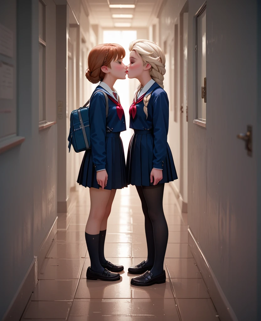 score_9, score_8_up, score_7_up, 2girls, 1girl (Anna) and 1girl (Elsa), side view, (full bodies in view), school uniforms, black school shoes, kissing, school hallway, female students in the background