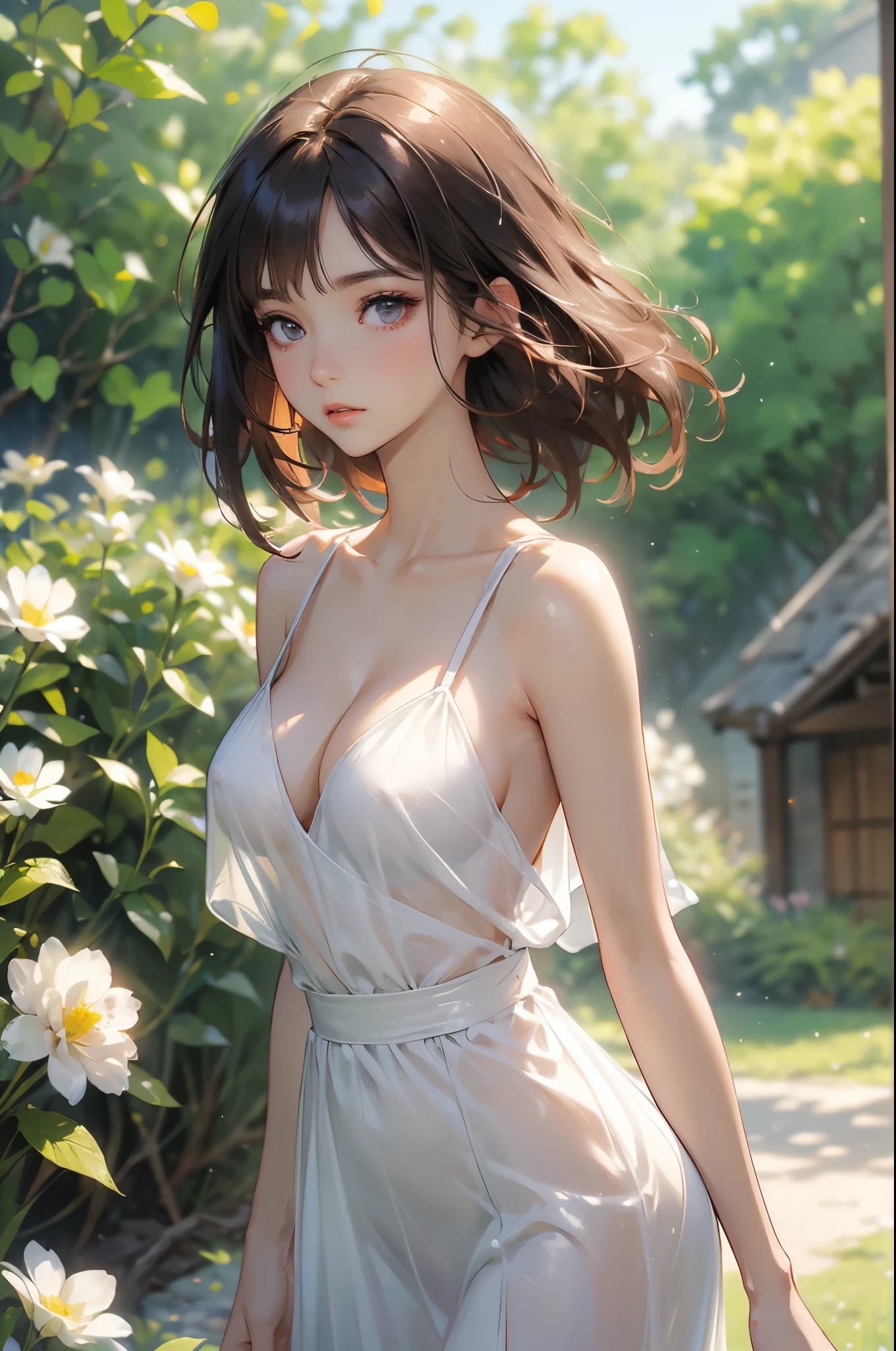 best quality, masterpiece, solo, 1 Female、Age 25、Larger breasts、(Cleavage)、(Slender figure)、sheer white dress、From the side、Poses that emphasize the chest、(White highlight in pupil:1.2)、Dark reddish brown eyes、(Black-haired:1.2)、(Medium Hair)、(View your viewers:1.2)、White skin、(blush)、(Embarrassed expression)、(I blur the background a lot to make the woman stand out.:1.3)、(The sunlight shines in)、(Beautiful flowers in the background)、The wind is blowing