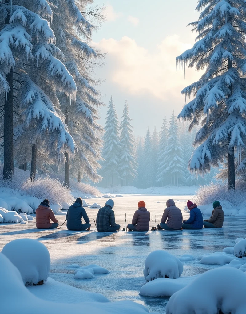 An icy winter scene in 8k HD. In the heart of the scene, a group of individuals are enjoying ice fishing on a frozen lake. Fresh snow is covering the ground, and the evergreen trees are glistening with frost. Crystalline icicles hang from the branches, reflecting a spectrum of colors when hit by the rays of the low winter sun. The group of people includes a blend of genders and descents. Some are kneeling on the ice, actively engaged in the process of fishing, while others prefer to simply enjoy the picturesque landscape.