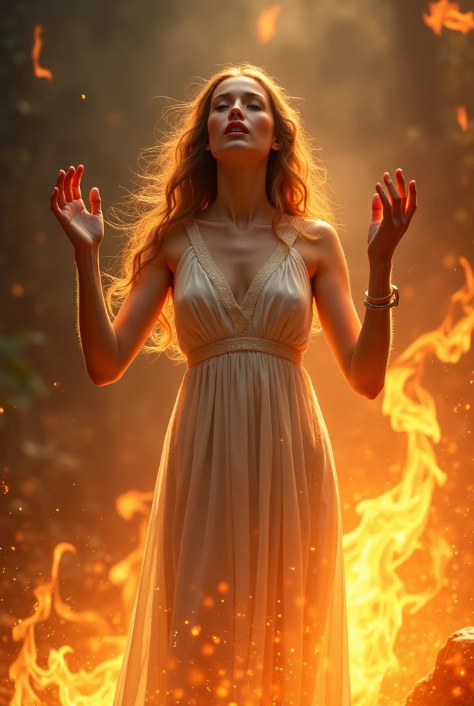 A beautiful woman stand in the middle of fire with a long wight and simple frock with light brown hair with light brown facecolour with many sides are lighting with his hand in the air and she sed goad help me