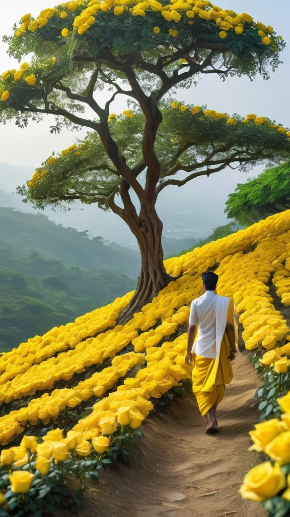 A beautiful young man wearing yellow dhoti walking up a hill like mountain to a glowing big size high quantity yellow roses huge single tree, with greenery lining the path, 4k resolution, high resolution, cinematic, realistic, wide angle shot.