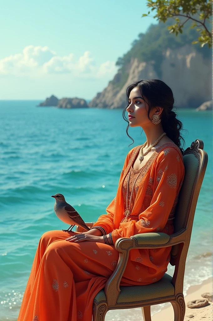 A beautiful desi women back side sitting on a chair at sea view and an sparrow sitting on her shoulder