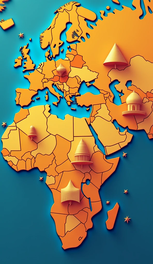 A stylized world map with pins marking famous ancient structures, such as the Great Pyramid of Giza, Baalbek Temple, Machu Picchu, Moai statues, and Hagia Sophia, with each location highlighted with a small icon representing the structure.
