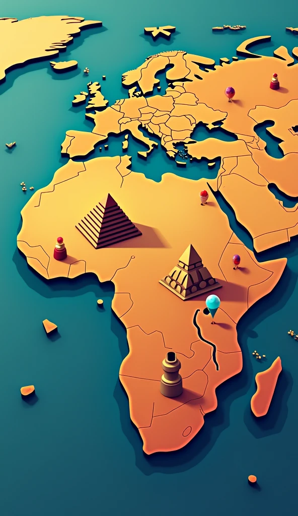 A stylized world map with pins marking famous ancient structures, such as the Great Pyramid of Giza, Baalbek Temple, Machu Picchu, Moai statues, and Hagia Sophia, with each location highlighted with a small icon representing the structure.