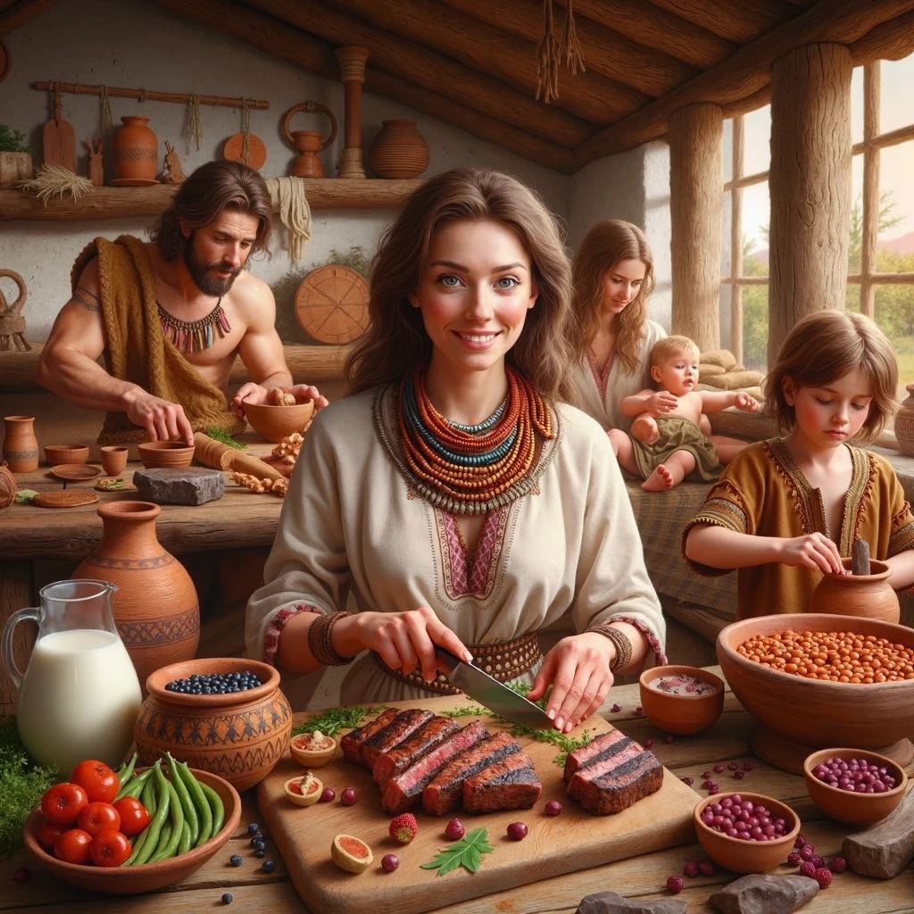 beautiful Neolithic female preparing dinner with grilled beef, boiled beans, berries and milk on pottery cups, friendly and content face expression, talking to her husband who is carving a wooden toy for their son, teenage daughter grinding herbs in a mortar and pestle, and toddler son, detailed face, intricate Neolithic cozy home scene background, ultra photo realistic oil on canvas painting, wearing traditional clothing with intricate beadwork, with ancient pottery decorations, including a woven straw mat on the floor, with hand-carved wooden utensils