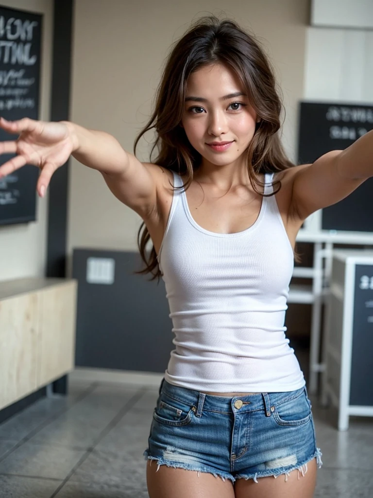 (((Reaching out to the viewer)))、((White tank top and denim shorts))、smile、Hug your audience、Pedestrian precinct、Staring at the audience、