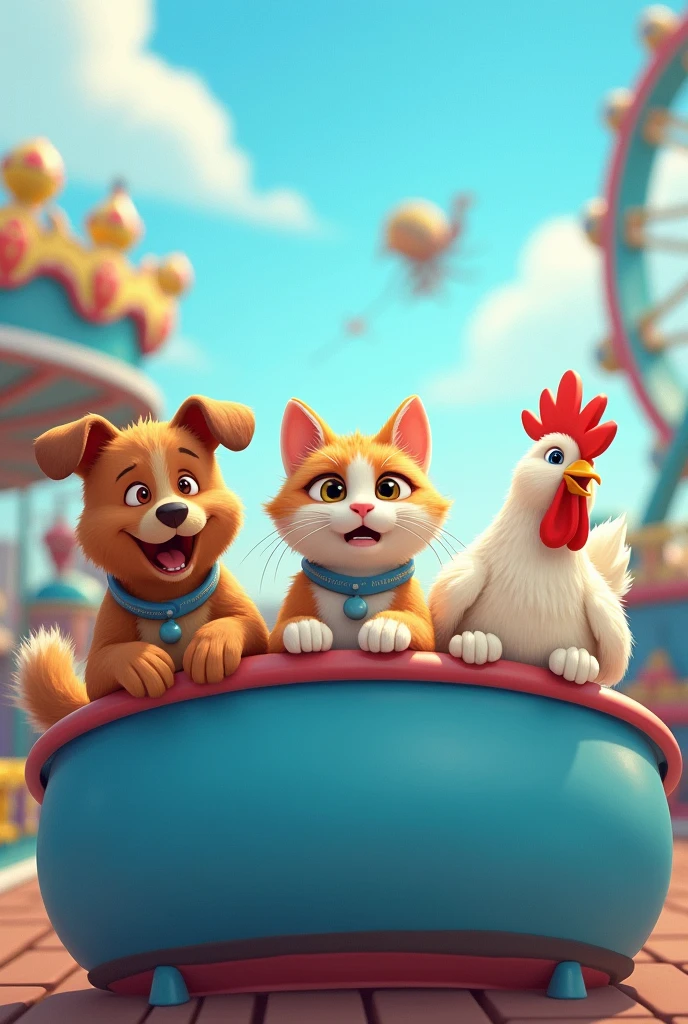 Good quality, cartoon images, fun to watch. , Three animals, a dog, a cat, and a chicken, are playing on rides in an amusement park. ,The chicken is having fun, the other two are scared.,Horizontal image, blue tone, no blur