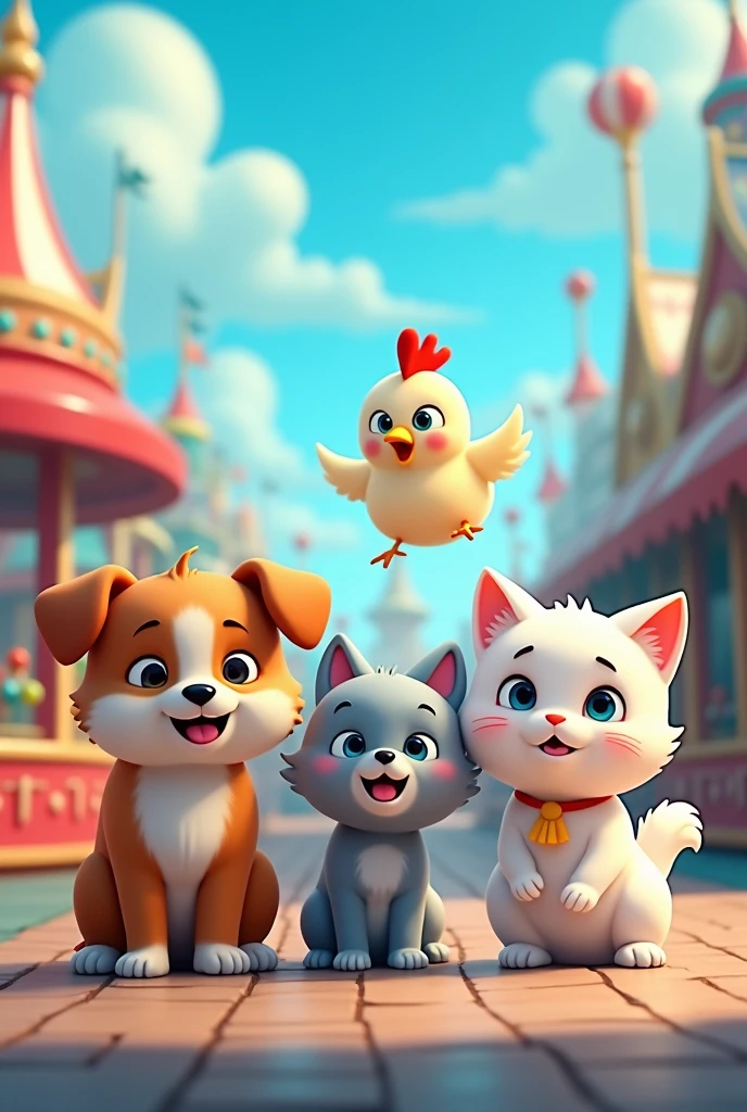 Good quality, cartoon images, fun to watch. , Three animals, a dog, a cat, and a chicken, are playing on rides in an amusement park. ,The chicken is having fun, the other two are scared.,Horizontal image, blue tone, no blur