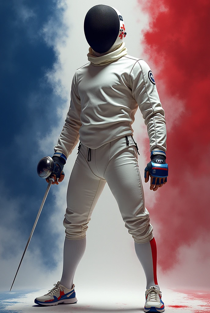 Character inspired by a fencer with a white fencing sword decorated with blue and grayish mixed with white a black fencing helmet mixed with dark pale red a white fencer's clothing mixed with dark beige with bright light black blue sneakers decorated with red and white lines framed on his fencing clothing which is the color of France red blue and white is a dangerous fighter side