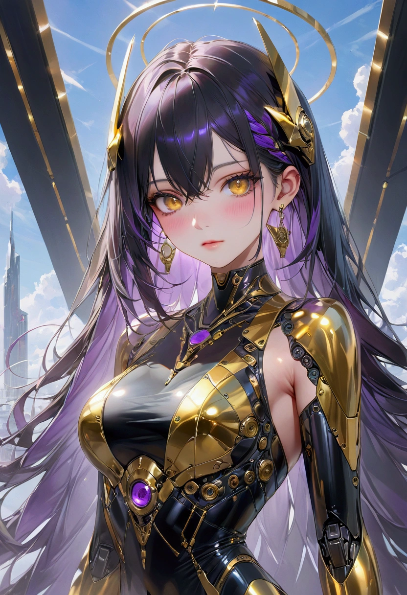 Long smooth straight black hair, inner colored dark-purple hair, golden eyes,robotic clothing, masterpiece, super detail, best quality, 8k,semi-realistic