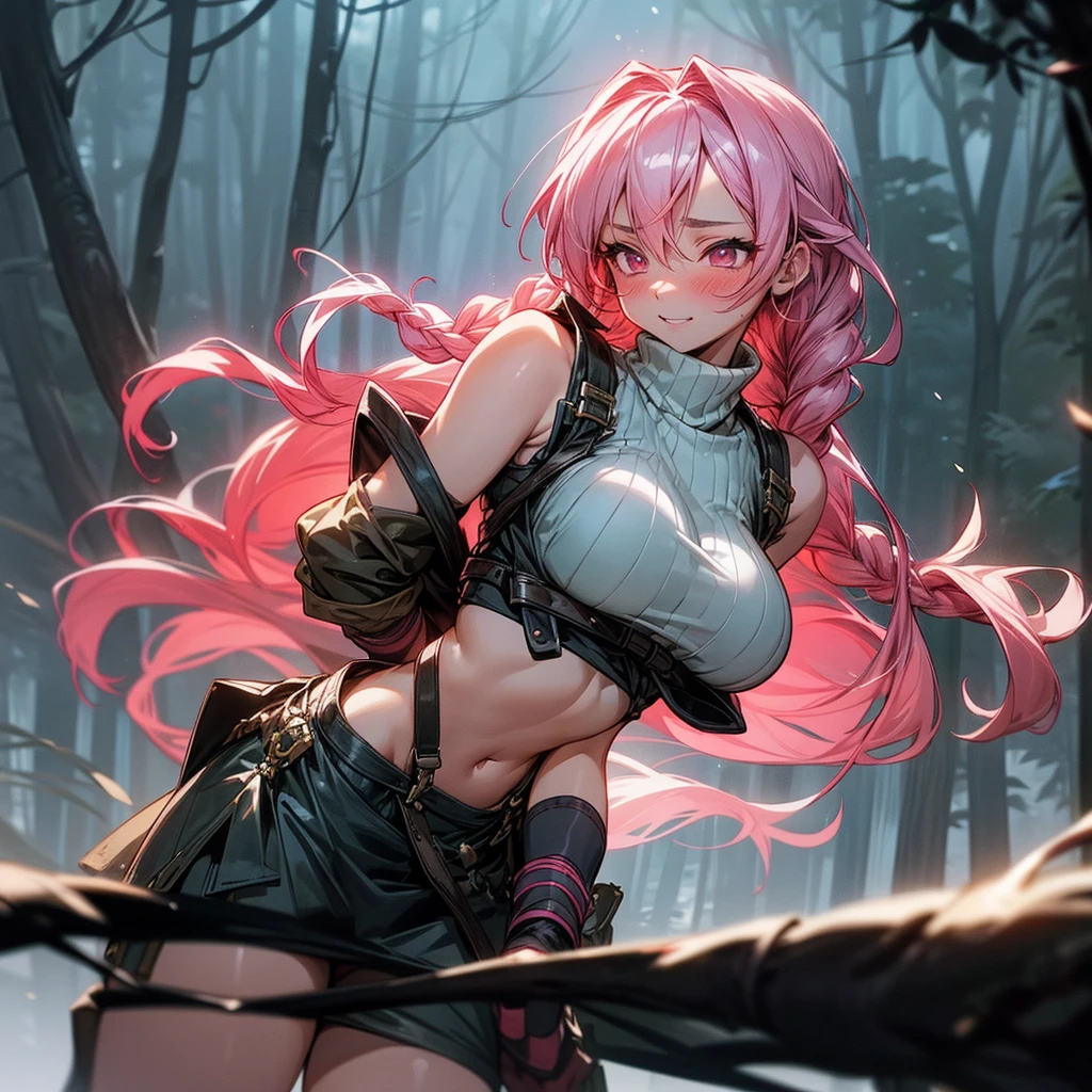 1female, sexy, big breast, young adult, finely detailed rose eyes, wild long hair, braided hair, fluorescent rose color hair, adventurer gear, suspenders, sleeveless crop top sweater, baggy combat skirt, night time, dark forest, happy expression, flowers, blushing, standing on path, lanturns, black armband, mma gloves