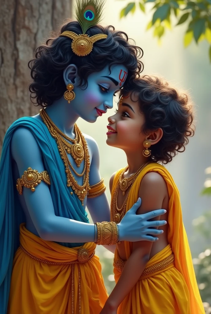 Lord Krishna and his childhood friend Sudama, capturing their deep bond and the warmth of their friendship. Krishna, now a young adult, is depicted with his usual divine grace, wearing a vibrant, flowing yellow dhoti and a blue silk shawl draped elegantly over his shoulder. His skin is a radiant blue, symbolizing his divine nature, and his face exudes a serene, compassionate expression. His hair is dark, curly, and adorned with a peacock feather crown. He wears gold ornaments