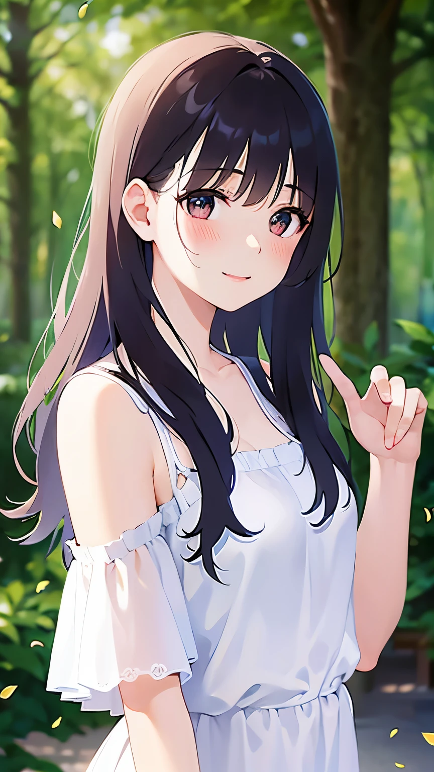Biologically correct five fingers、waving hand, Upper Body, Realistic, real person, (pale skin: 1.2), RAW photo, photorealistic, shiny skin, shiny hair、(A 2 woman with medium-length hair and bangs) and (wavy hair) and (brown hair) and (orange eyes) , White off-shoulder blouse 、smile, (blush:1.5), park、Alone、Are standing