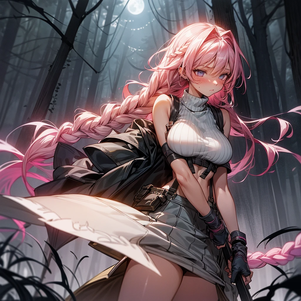 1female, sexy, big breast, young adult, finely detailed rose eyes, wild long hair, braided hair, fluorescent rose color hair, adventurer gear, suspenders, sleeveless crop top sweater, baggy combat skirt, night time, dark forest, somber expression, flowers, blushing, standing on path, lanturns, black armband, mma gloves