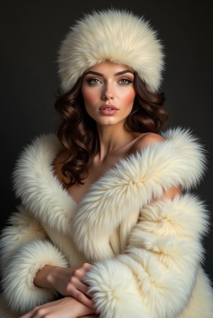 A beautiful women sitting upright, with a fur cap on with beautiful hairs, and a white or beige fur stole slightly dropped from right one shoulder, sitting upright and her palms inside huge fur muff into which her forearm had vanished