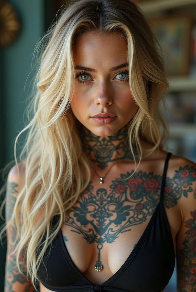 a 20 year old woman, blonde hair, two tattoos on the left upper arm, a tattoo on the left forearm, two tattoos on the right forearm, a tattoo on the neck, behind the ear and on the spine and above the chest, a tattoo on the left thigh, Belly button piercing and nose piercing