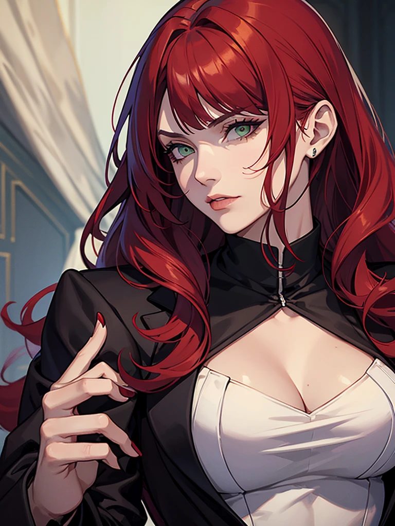 mature woman, green eyes, red hair with long bangs, noble, mafia. sadistic women, wavy long hair. wear black purple jacket. strong woman. background in mansion