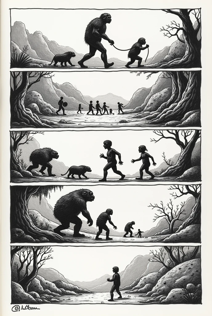 Make a comic strip without color drawing only about the Age of the Earth and evolution by Comte de Buffon