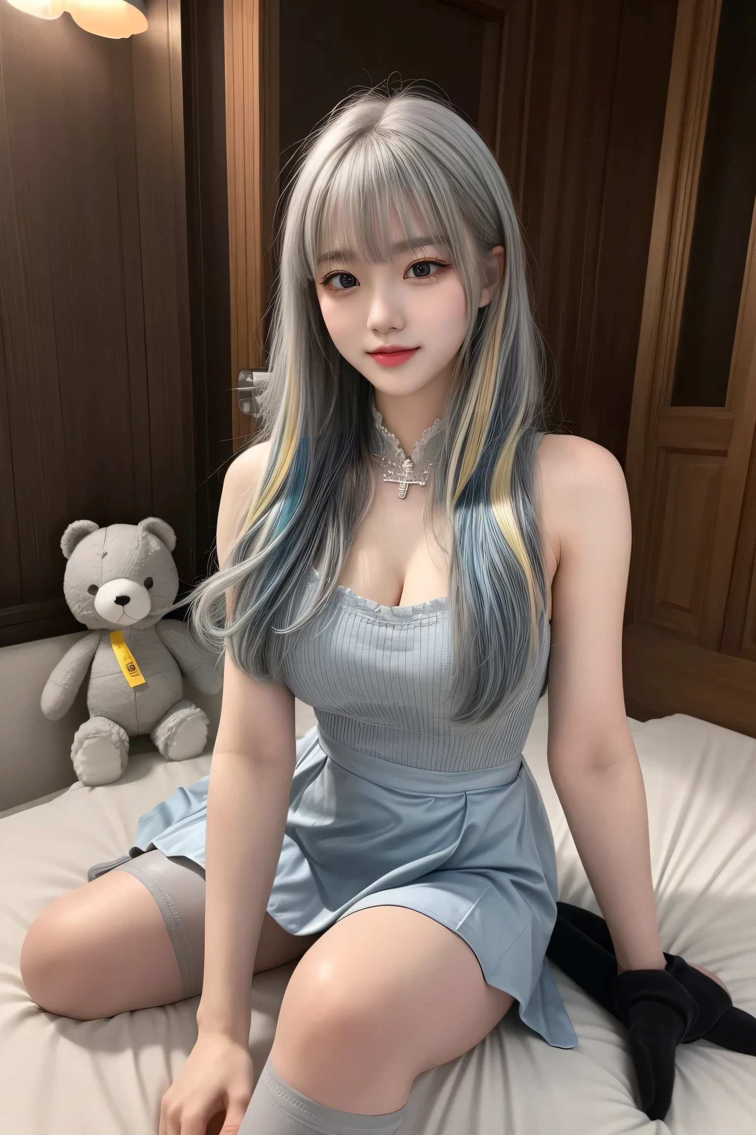 (sitting cross-legged on the bed)、Mature Woman、Light blue hair、((Light grey hair))、(((Two-tone hair)))、Black taupe dress with delicate light blue decoration、Slender women、Cute Woman、 8K Ultra HD,Detailed face、Delicate texture, Long Hair、(((Blunt bangs)))、(((Drill Hair)))、Tutu skirt、Thigh-length tights、short boots、((Oriental router))、mini skirt、A room in a Western-style building、((Delicate photo)),(Girl Astepeace RAW Photo Details:1.25), (Highest quality:1.6), (Ultra-high resolution:1.5), (Realistic:1.75), 8k resolution, Canon EOS R5, 50mm, Absurd, Very detailed,Cinema Lighting、((stuffed toy:1.3))、Browsing Caution:1.5(Full Body Shot)、(smile)、