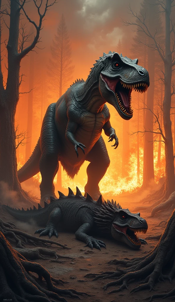 T-rex standing over a dead dragon in a burning forest