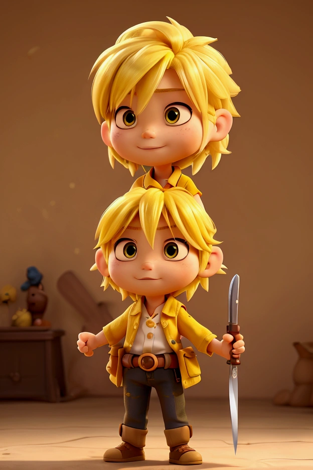 one,Yellow hair,The hair is standing up,Holding a knife,Knife on the shoulder,Pixar style,Legend of Blood,warrior