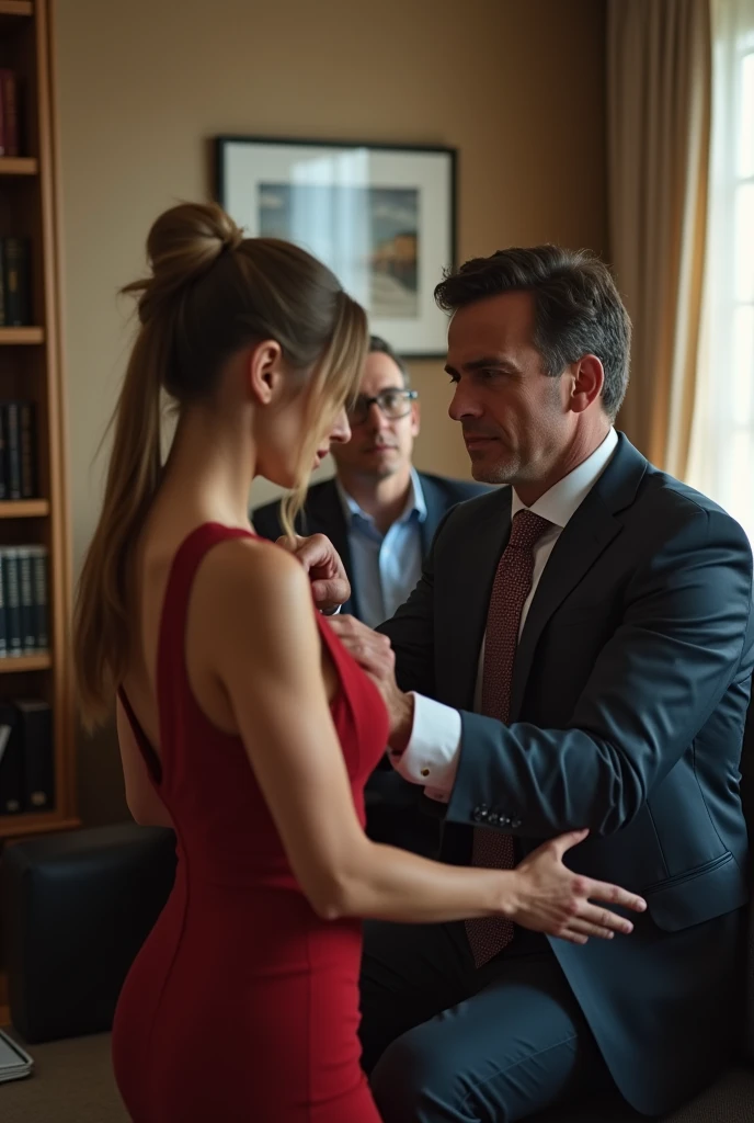 Office sex with male CEO, female secretary and female intern in CEO’s cabin. The CEO is getting a handjob