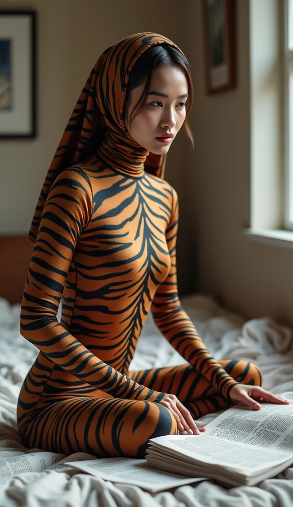 The most beautiful,thin,most pretty and clever Asian muslimah adult girl wears siberian tiger print lycra turtleneck unitard catsuit covered with stripes.She always wear siberian tiger print lycra dancewear stretchy square hijab covered with many stripes.She sits on the bed and reads a lot of newspapers