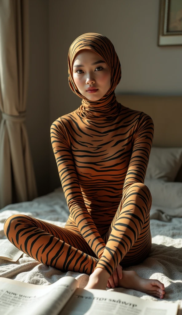 The most beautiful,thin,most pretty and clever Asian muslimah adult girl wears siberian tiger print lycra turtleneck unitard catsuit covered with stripes.She always wear siberian tiger print lycra dancewear stretchy square hijab covered with many stripes.She sits on the bed and reads a lot of newspapers