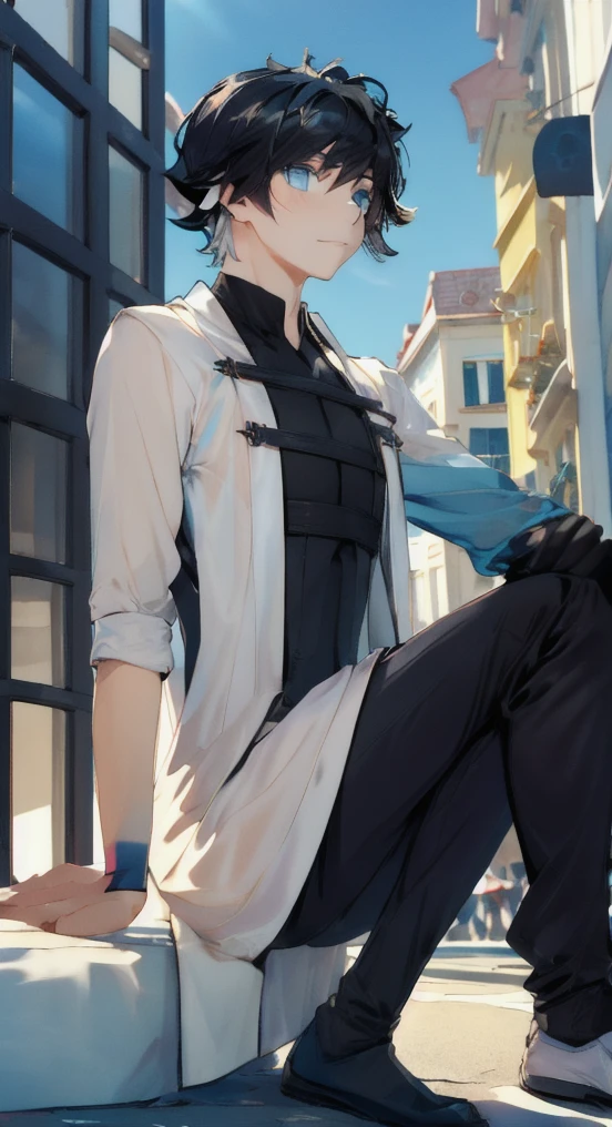 (masterpiece), (HDR), absurdres, (best quality), (ultra high quality), (hi-res), (((sitting))), head tilt, (1boy), solo, alone, mature, charlemagne (blue eyes), beautiful detailed eyes, (((black hair))), multicolored hair, bishounen, BREAK, Transparent Dress, casual clothes, black pants, dynamic poses, looking away from viewer, blush, city