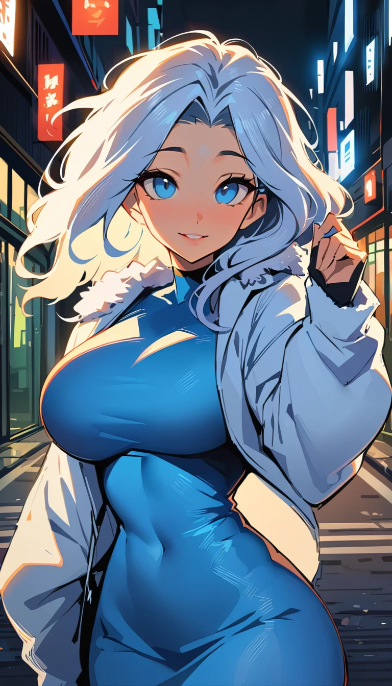 (high quality, 8k, 4K, high contrast, artwork:1.2, high quality, best aesthetics), (centered), ((1 woman)), erotic, sensual, mature body, grown woman, super detailed, beautiful face detailed, beautiful eyes detailed, detailed beautiful mouth, (white hair), (long wavy white hair), (blue eyes), (black eyeliner), (calm expression), (blushed), (blue dress with blue midi skirt), (white thick open winter coat), (standing), (front view), (looking at the viewer), (big breasts), (wide thighs), (in the middle of an empty street), (night), (holding a white simples bag)