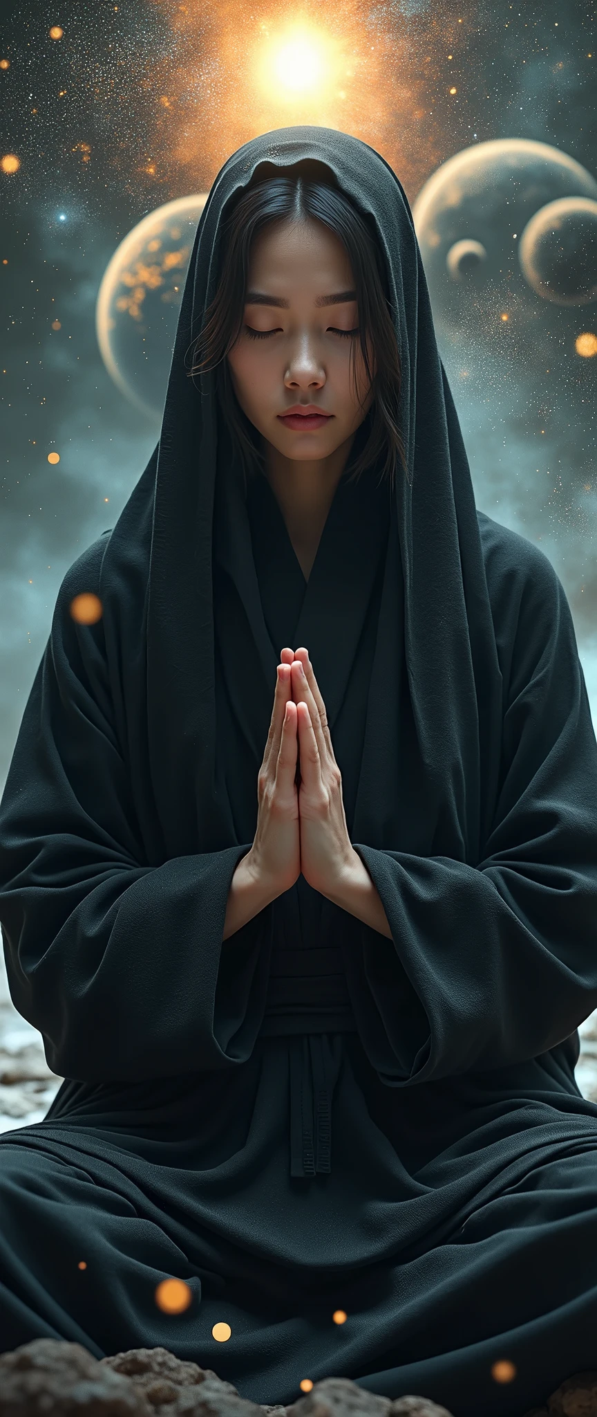 (masterpiece:1.2,Exceptional Quality,mirror-like,Cinematic Experience,Photorealistic:2.0,RAW Photos:2.0,Super detailed),8k,wallpaper,(1 female),(Detailed hand drawing:2.0),(Beautiful female hands:2.0),(A female ninja sage in the world of illusion:2.0),(Ninja black costume:2.0),(Look this way),(Beautiful Eyes,Beautiful and shining eyes),(Women are on the brink of enlightenment:2.0),(She is meditating:2.0),(The woman&#39;s body is enveloped in an aura of enlightenment:2.0),(The background is the universe made up of 3,000 worlds:2.0),(VFX:2.0,CG:2.0)