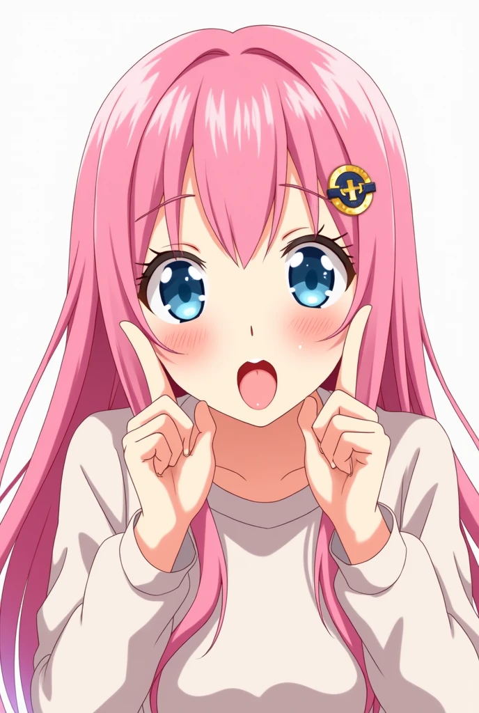 Anime girl with pink hair and blue eyes sticking out her tongue and raising two fingers on both sides of her face