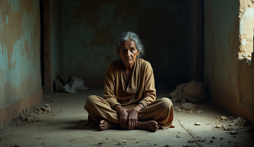 An Indian poor woman sitting on the floor indoors in old house