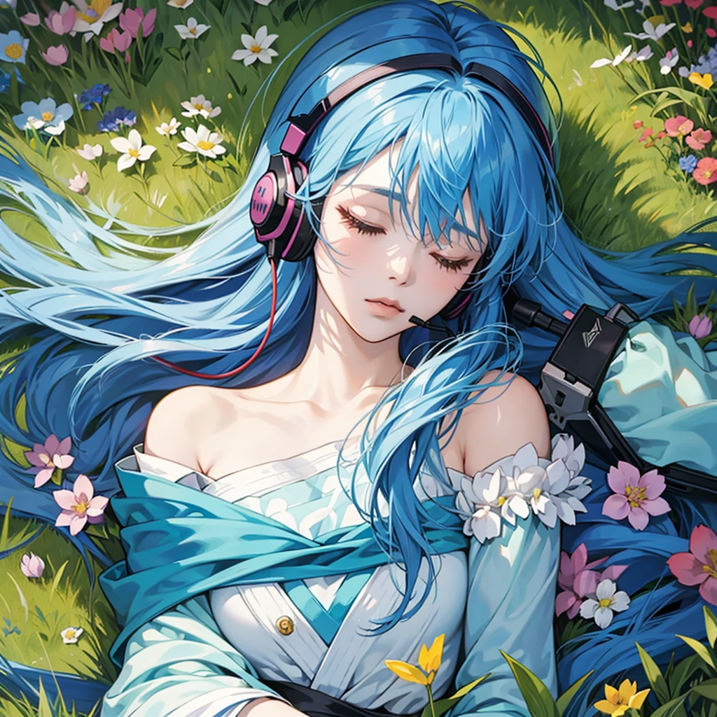 Anime woman. Long blue hair and fringe. Sleeping on grass. Flowers. Shoulder up. Close up. Gaming headset.