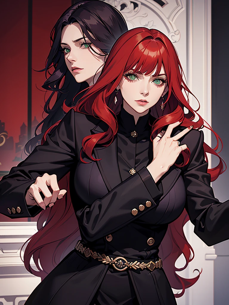 mature woman, green eyes, red hair with long bangs, noble, mafia. sadistic women, wavy long hair. wear black purple jacket. strong woman. background in mansion